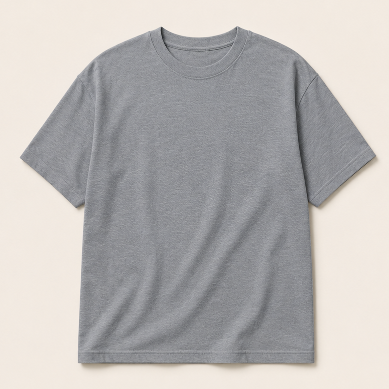 A heather gray short-sleeve t-shirt shown from both the front and back. The front is plain, while the back features a small sepia-toned graphic of a kneeling figure with text underneath.